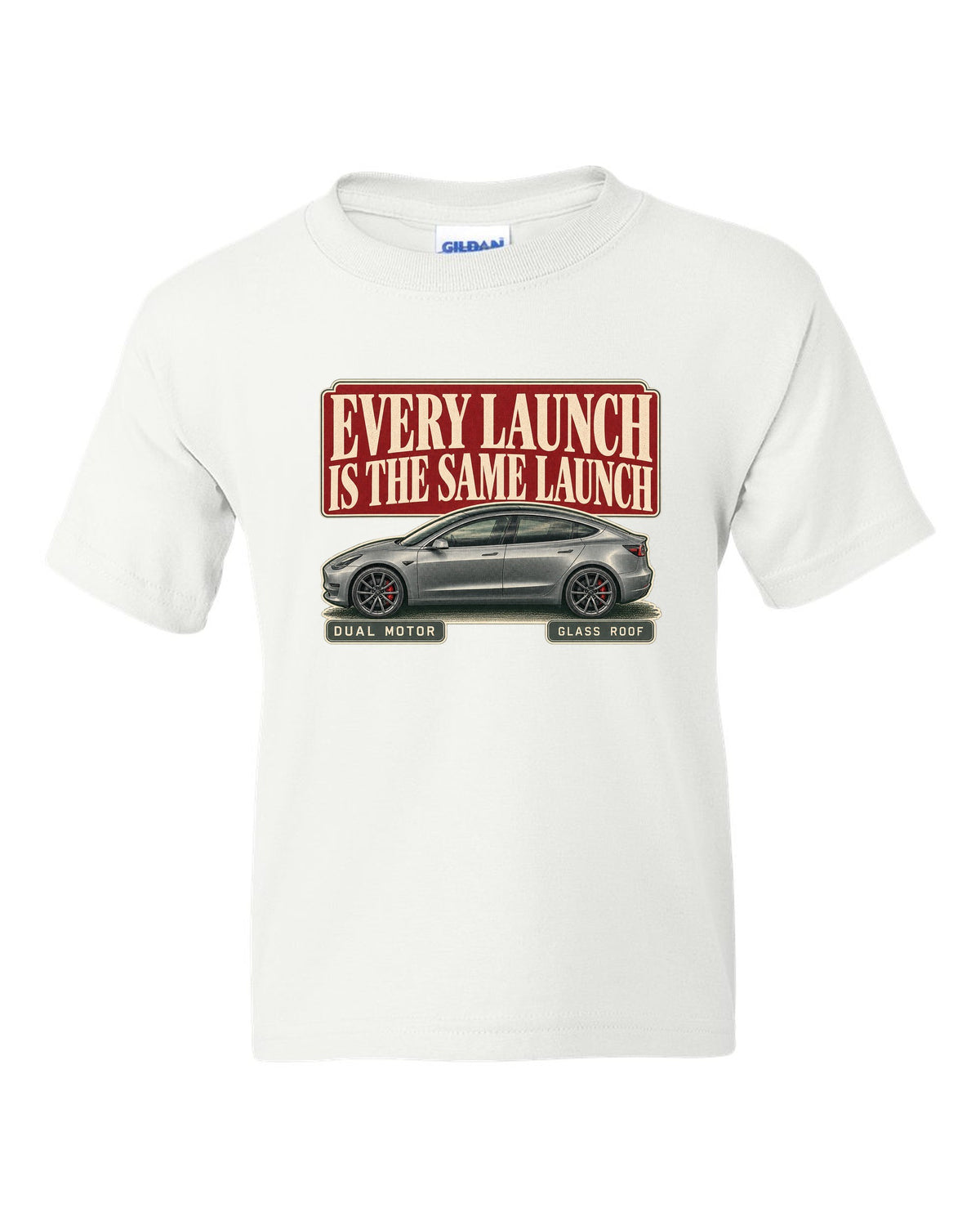 Tesla Model 3 Performance Editorial Headline Tee, 2018-2023 white kids tee front view with the design