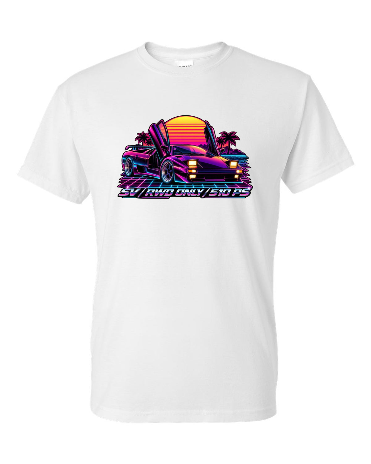 Synthwave outrun style Lamborghini Diablo SV with RWD only and 510 PS lettering white t-shirt front view with the design