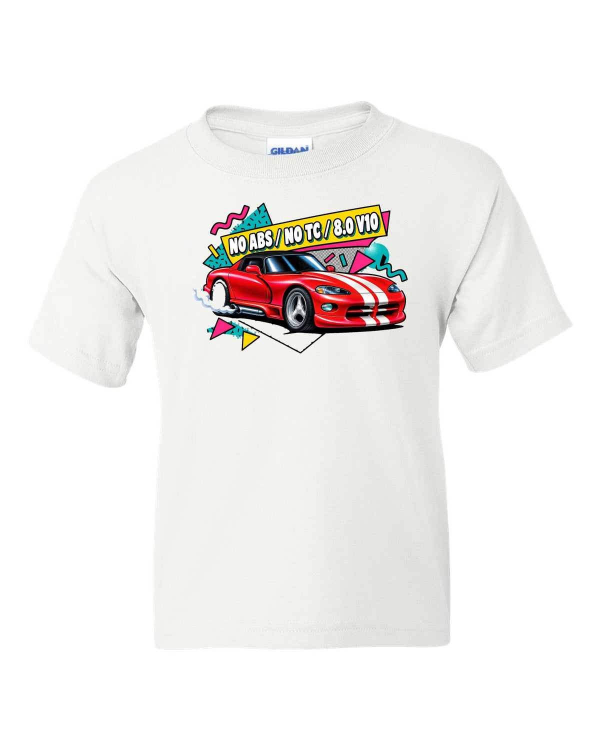Airbrushed 90s Memphis grid design of a 1994 Dodge Viper RT/10 SR I white kids tee front view with the design