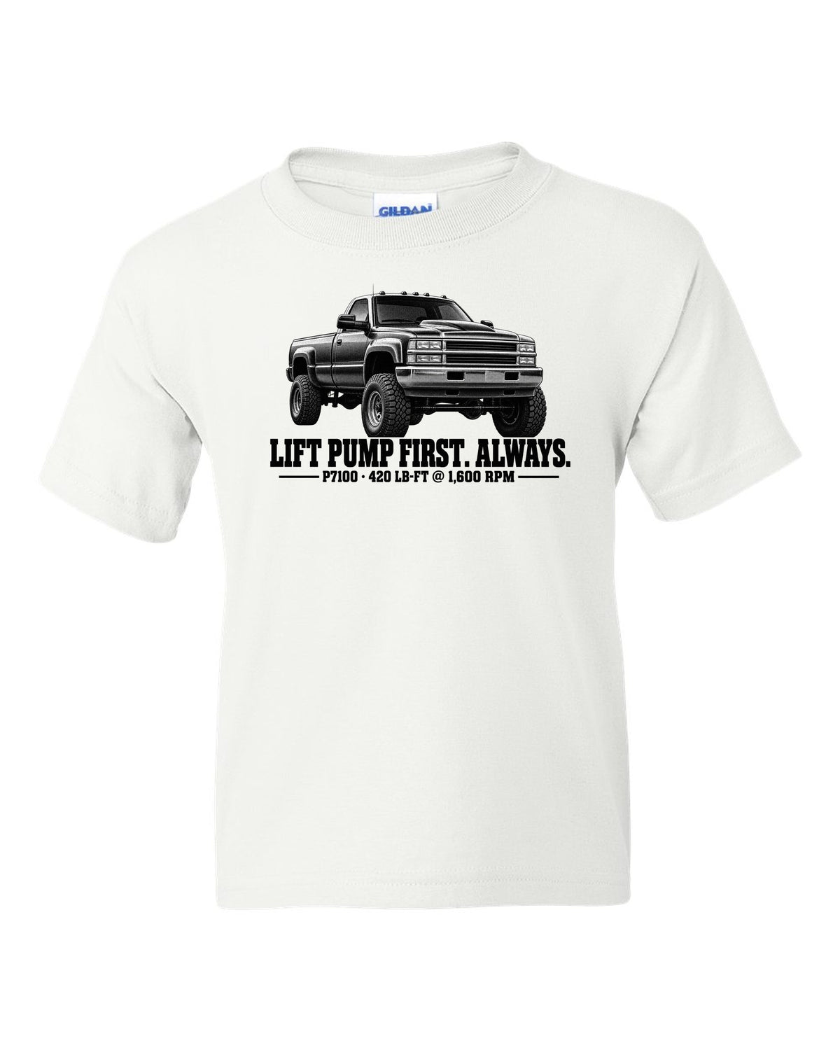 Halftone print of a 1994-98 Ram 2500 12V with lift pump advice and P7100 torque figures white kids tee front view with the design