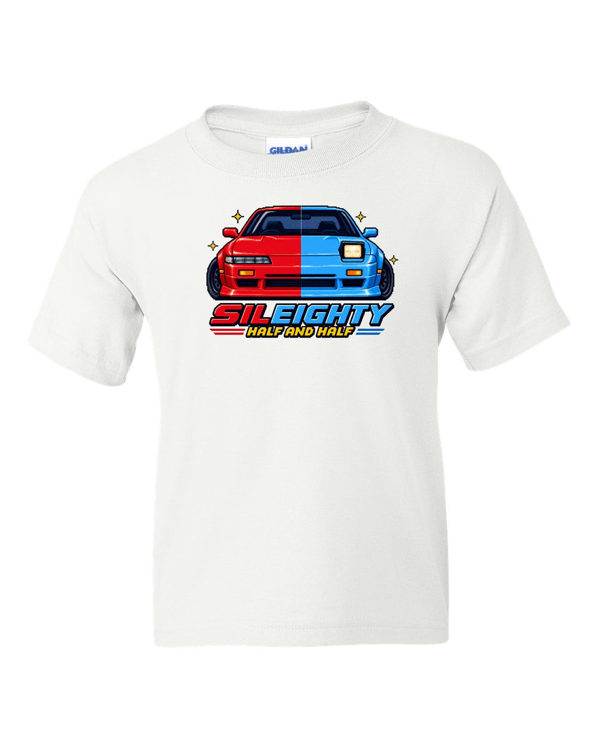 16-bit pixel art print of a Nissan Sileighty 180SX and Silvia S13 hybrid with Half and Half lettering white kids tee front view with the design