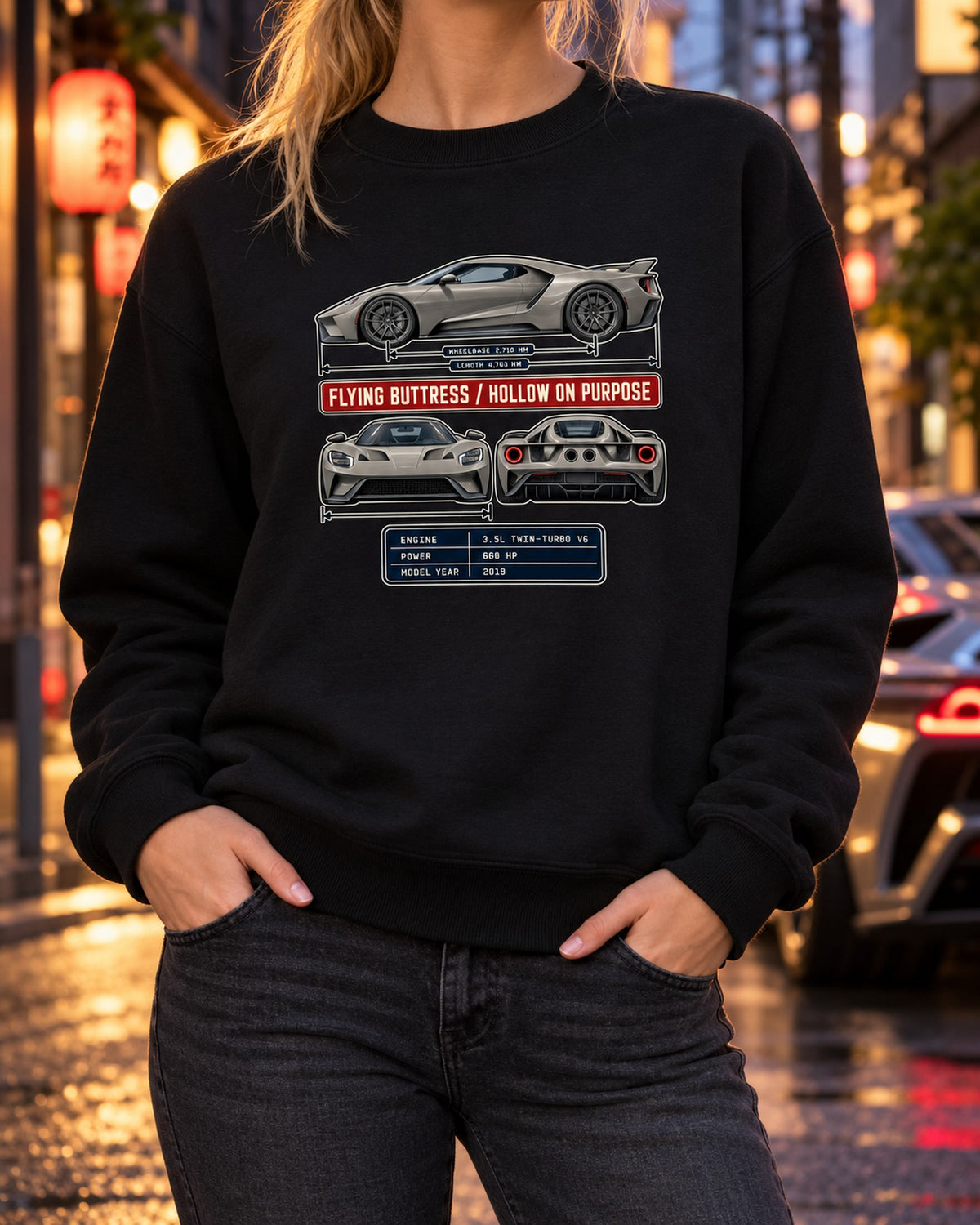 Ford GT 2019 Three-View Spec Table Tee, Flying Buttress Shirt Crewneck Black worn hero