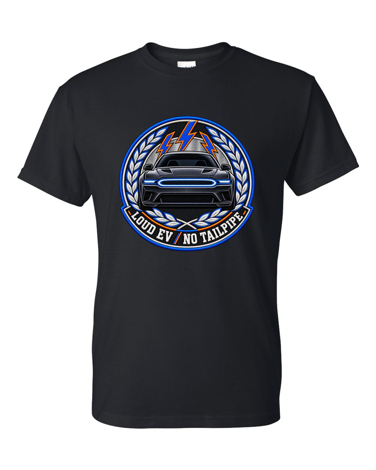 Embroidery-style varsity crest for the 2024 Dodge Charger Daytona EV with loud EV no tailpipe text black t-shirt front view with the design