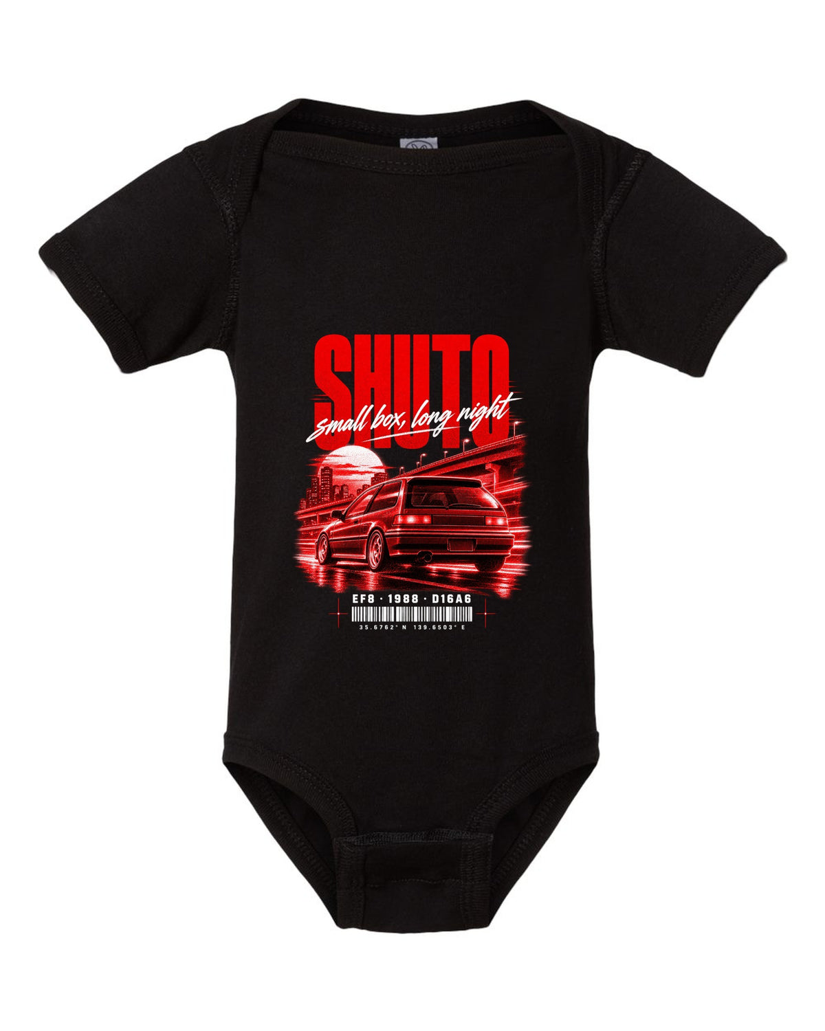 Street poster print for the 1988 Honda CRX EF8 Si with Shuto night lettering and D16A6 engine code black baby onesie front view with the design
