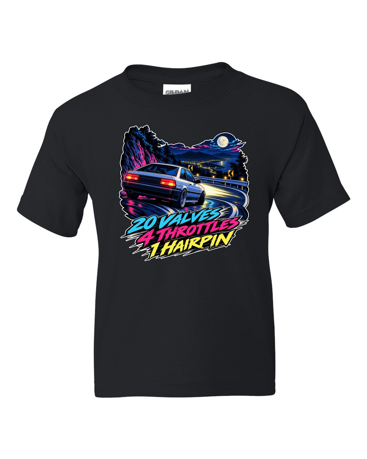 Cel-shaded 90s anime night touge scene of a Toyota Corolla AE101 with valves and throttles lettering black kids tee front view with the design