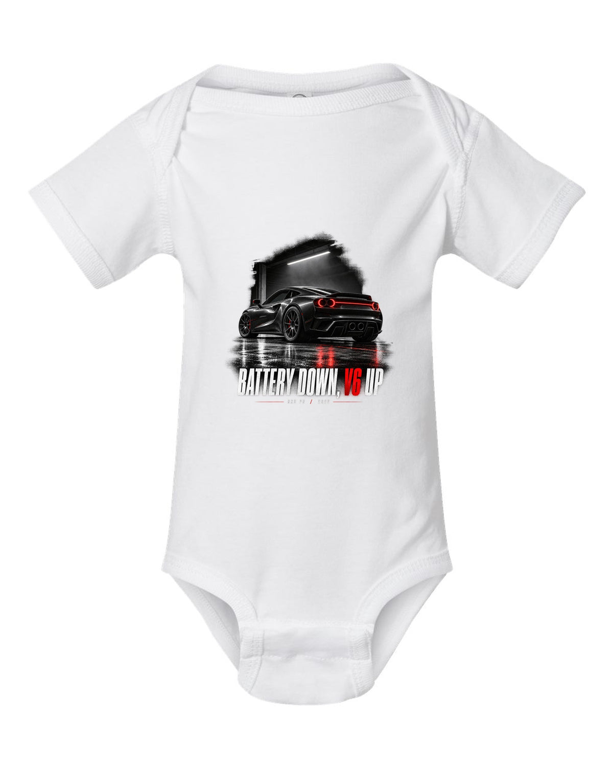 Garage night print of a Ferrari 296 GTB with the text Battery Down, V6 Up, 663 PS, 2022 white baby onesie front view with the design
