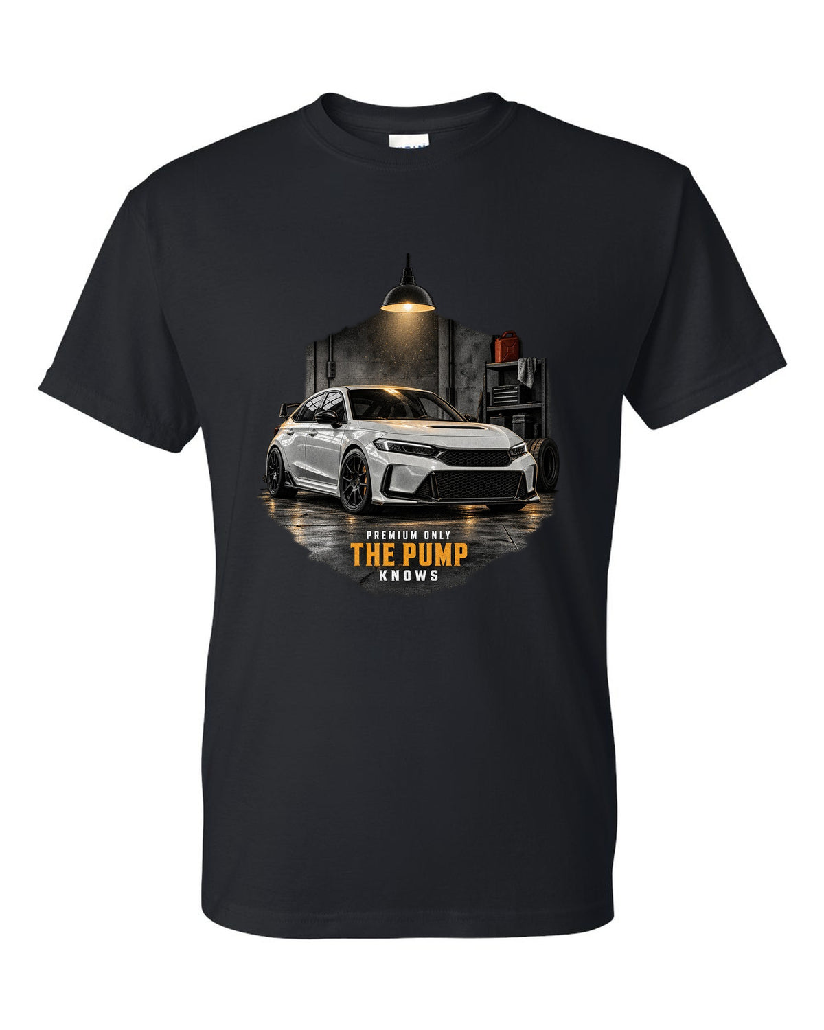 Honda Civic FL5 chback garage night design with premium only 98 octane text black t-shirt front view with the design