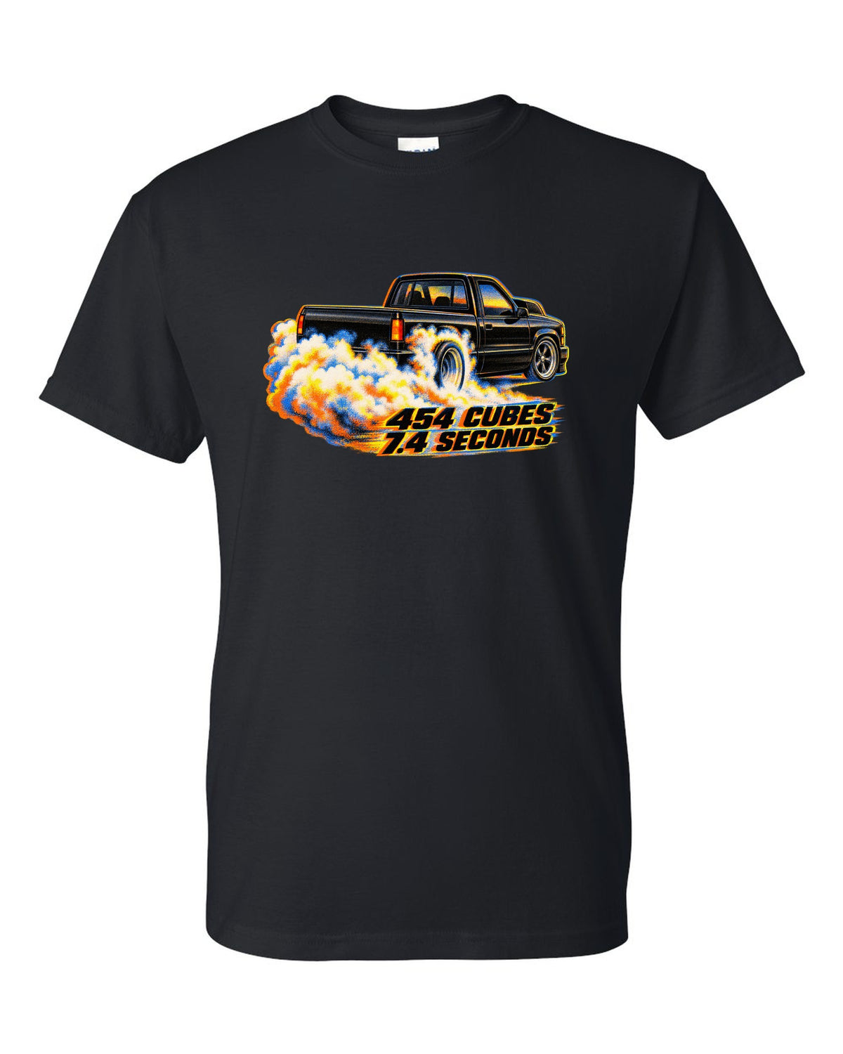 Risograph burnout smoke print of a 1990-93 Chevrolet 454 SS pickup with 454 cubes text black t-shirt front view with the design