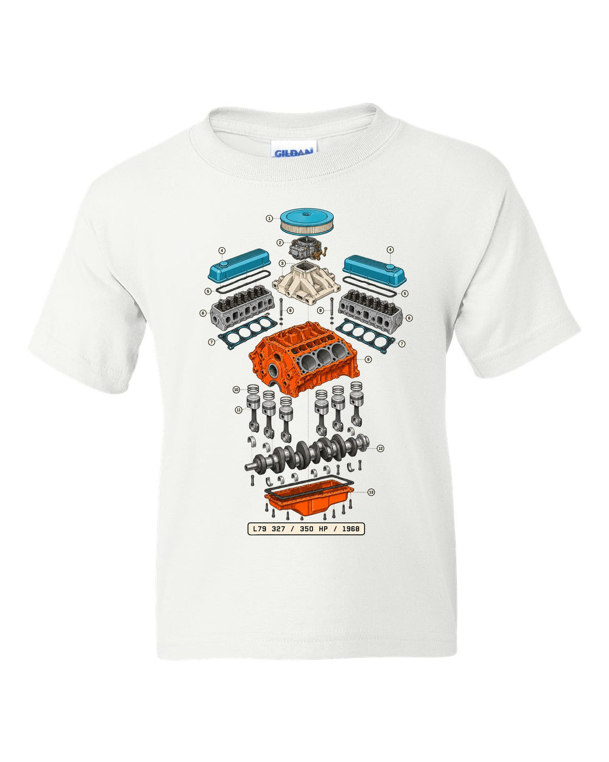 Exploded cutaway print of a 1968 Chevrolet Nova L79 327 engine with the text 350 HP, 1968 white kids tee front view with the design