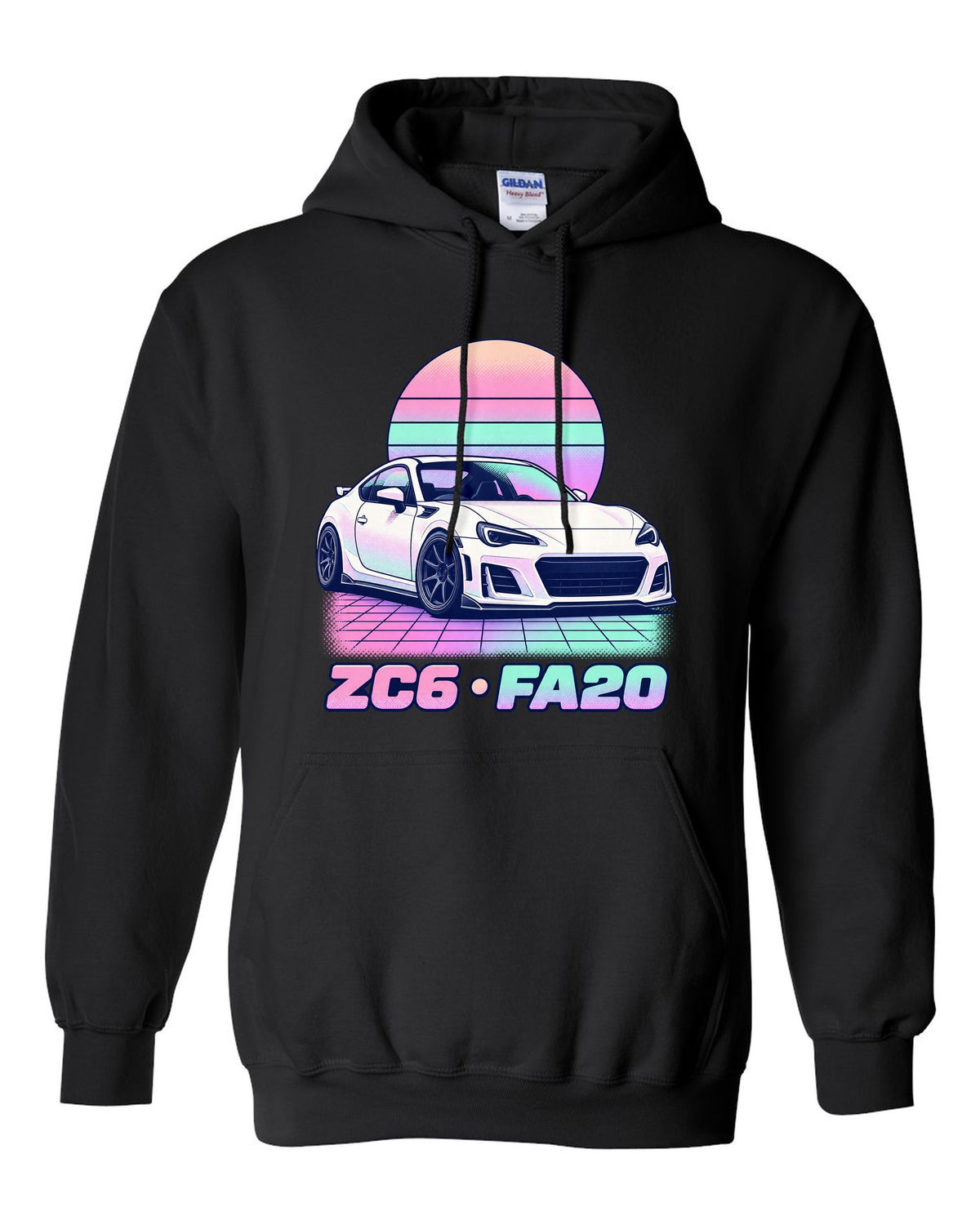 Subaru BRZ ZD8 round varsity crest print, ZD8 / FA24 / 2022 black pull over hoodie front view with the design