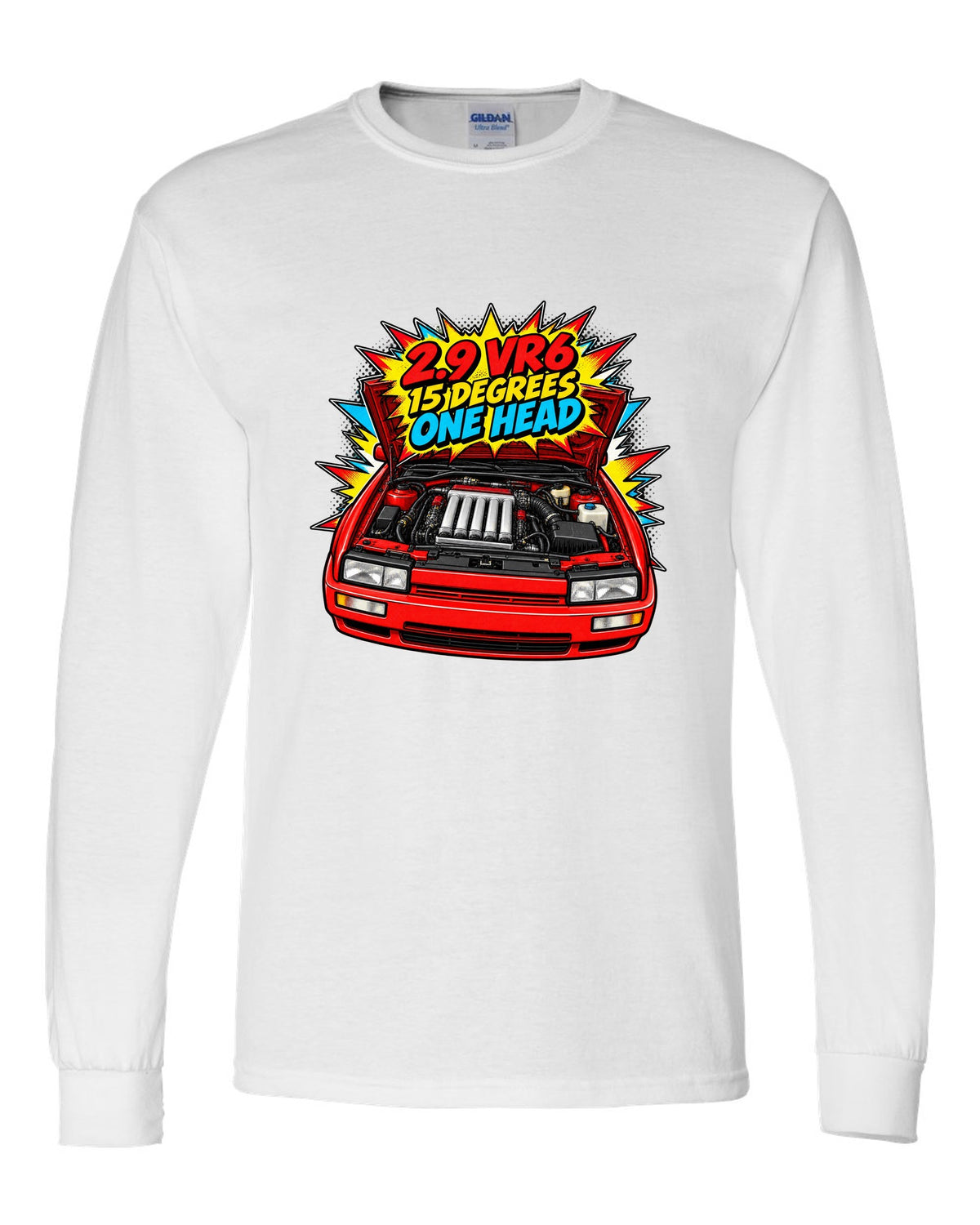 Comic halftone pop-art VW Corrado VR6 with 2.9 VR6 15 degrees one head text white long sleeve front view with the design