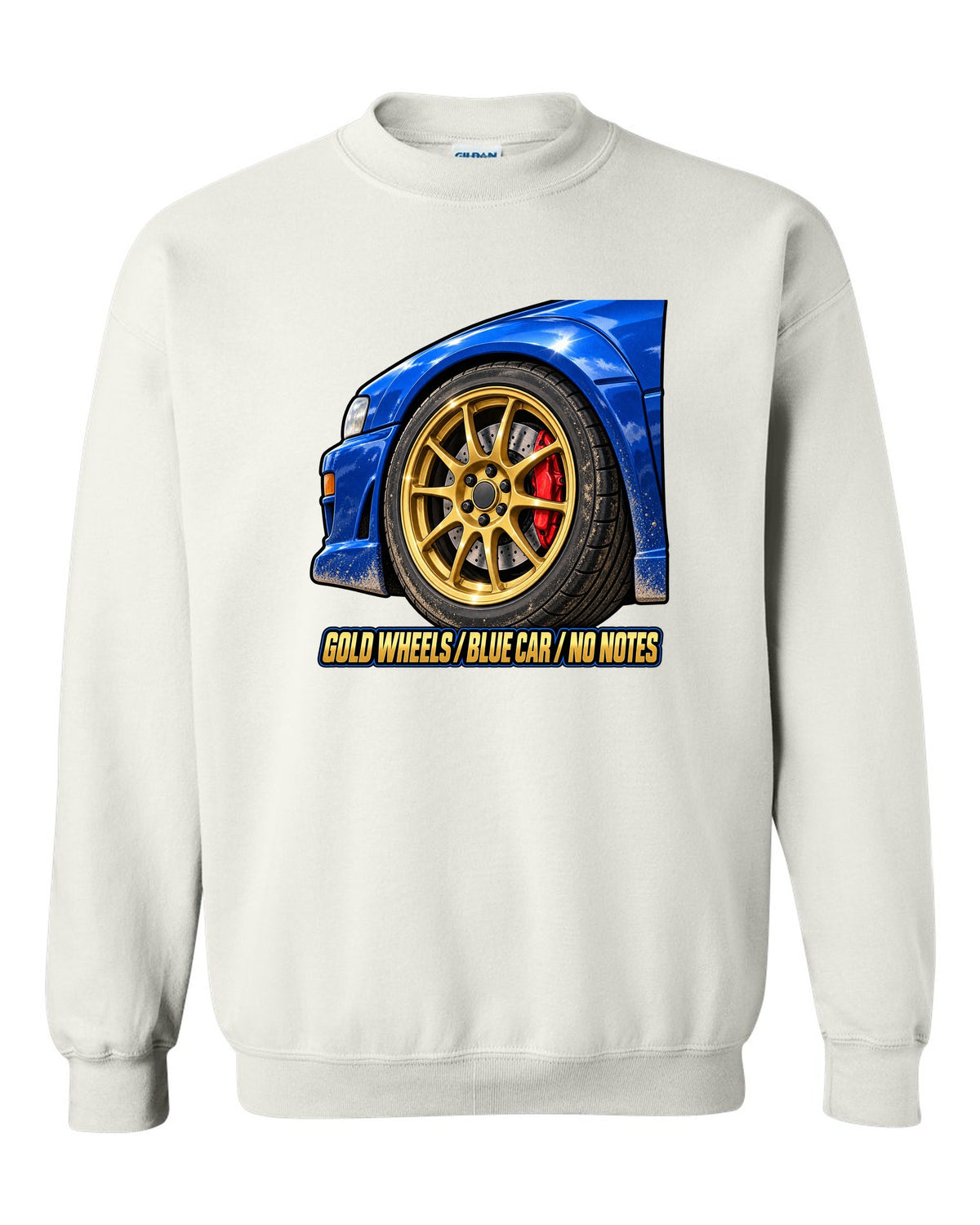 Subaru Impreza WRX GC8 painterly gold wheel close-up on a blue car, GOLD WHEELS / BLUE CAR / NO NOTES white crewneck front view with the design