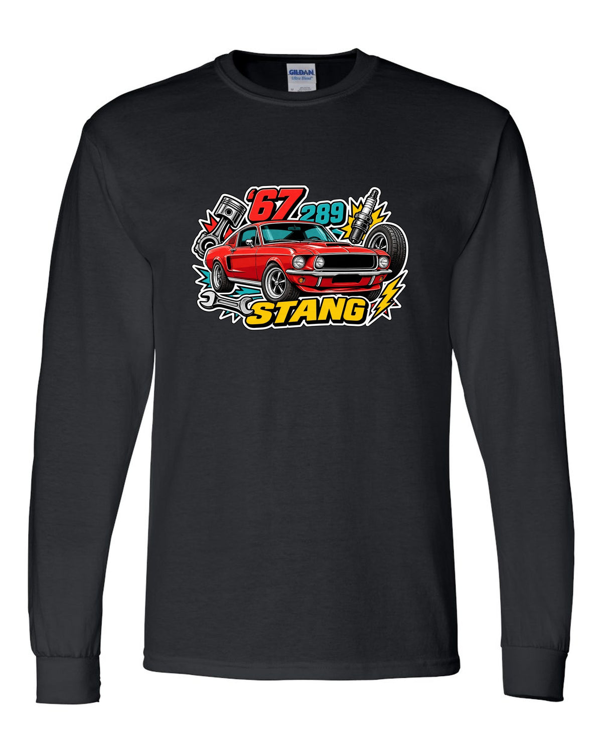 Sticker-bomb collage print of a 1967 Ford Mustang fastback black long sleeve front view with the design
