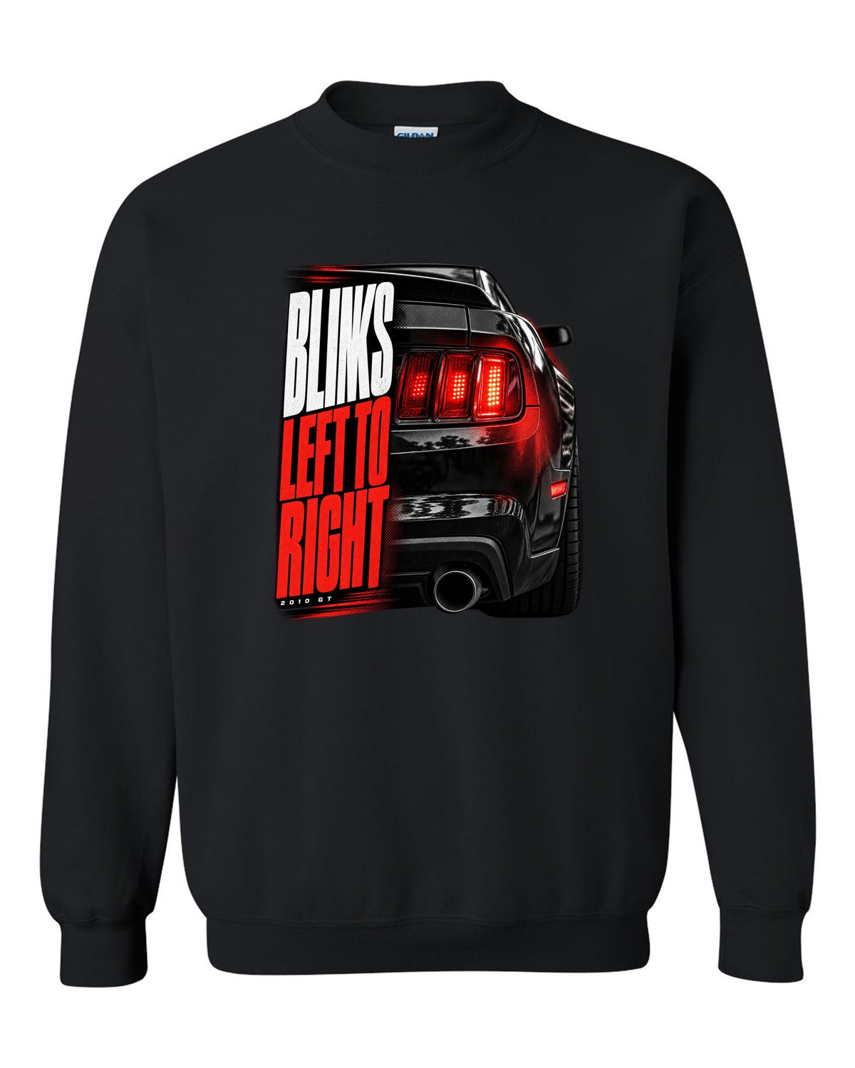 Macro print of a 2010 Ford Mustang S197 GT taillight black crewneck front view with the design