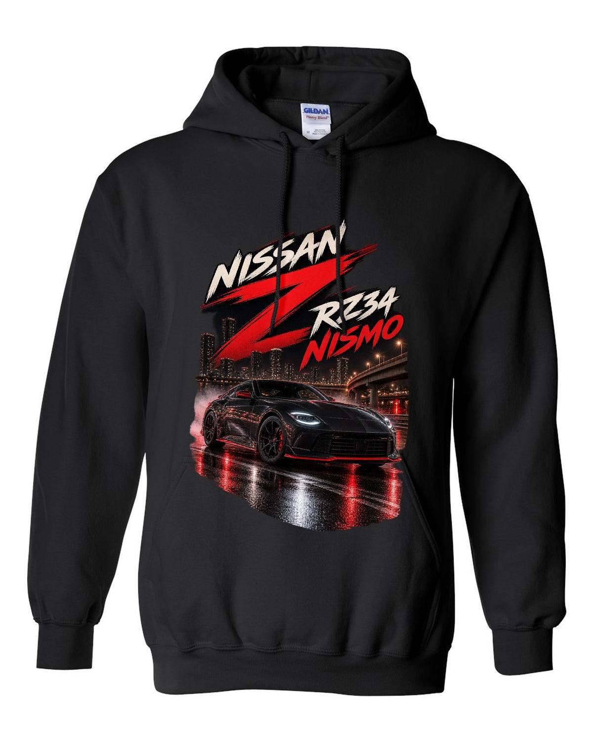 Nissan RZ34 Z spec poster with 2022 debut, VR30DDTT and 400 hp text black pull over hoodie front view with the design