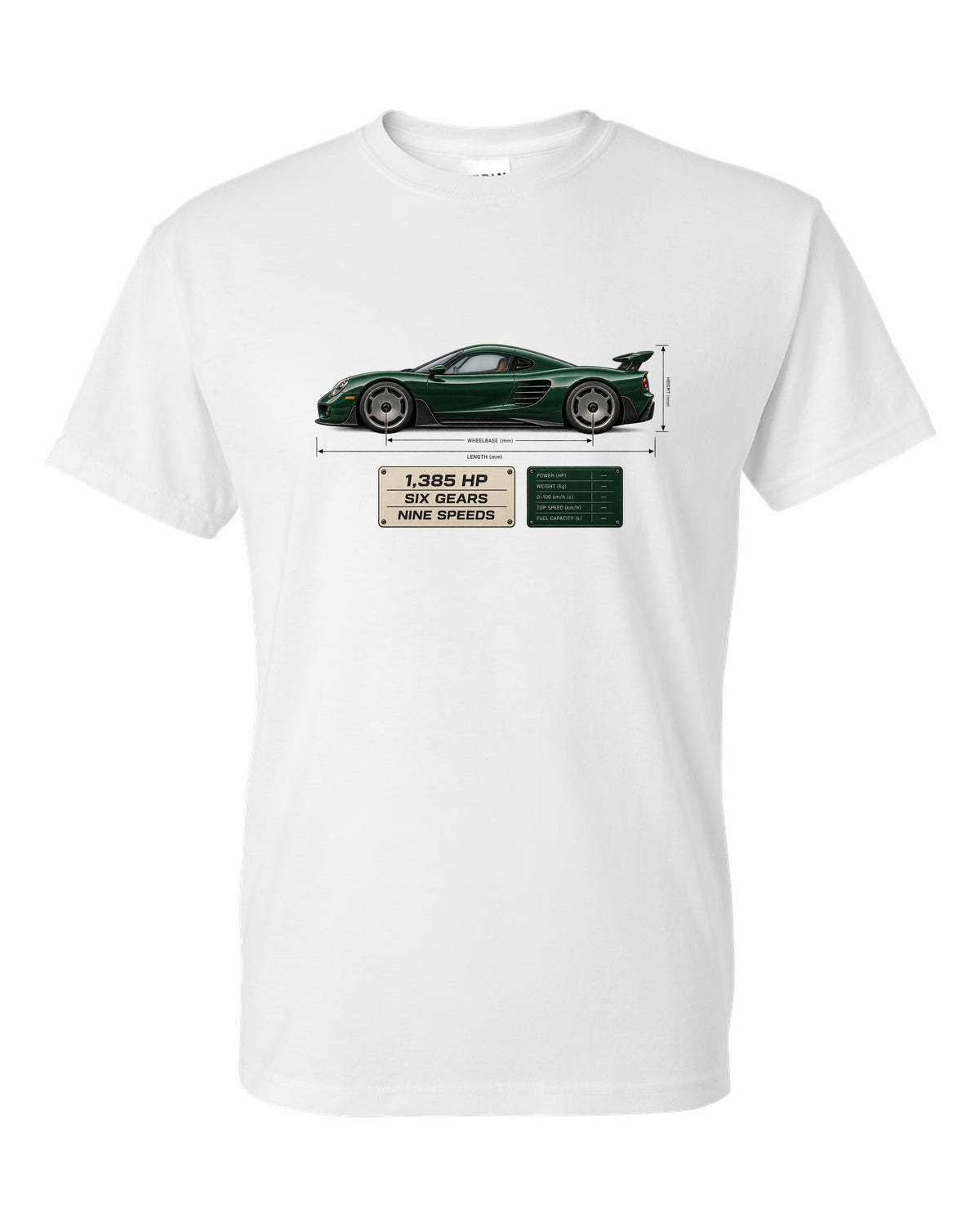 Blueprint print of the Koenigsegg CC850 with the text 1,385 hp, six gears, nine speeds white t-shirt front view with the design