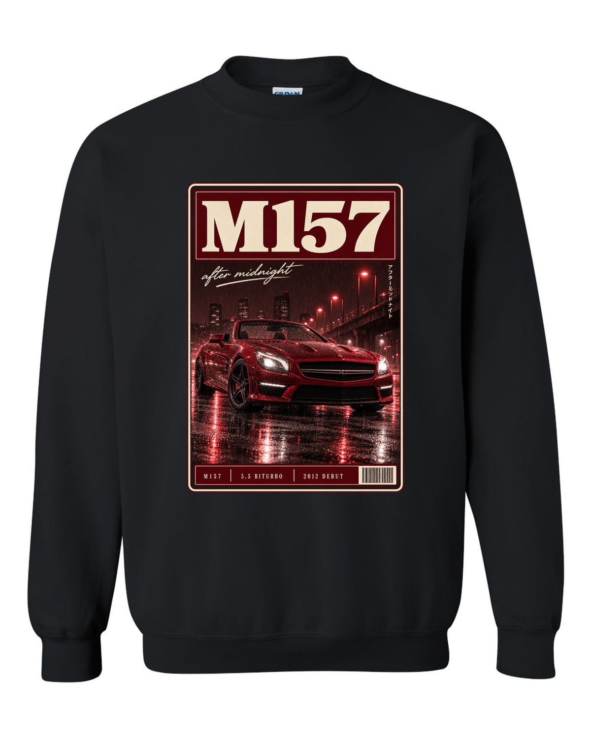 Mercedes-Benz SL63 R231 low front three-quarter night street scene in red monochrome black crewneck front view with the design