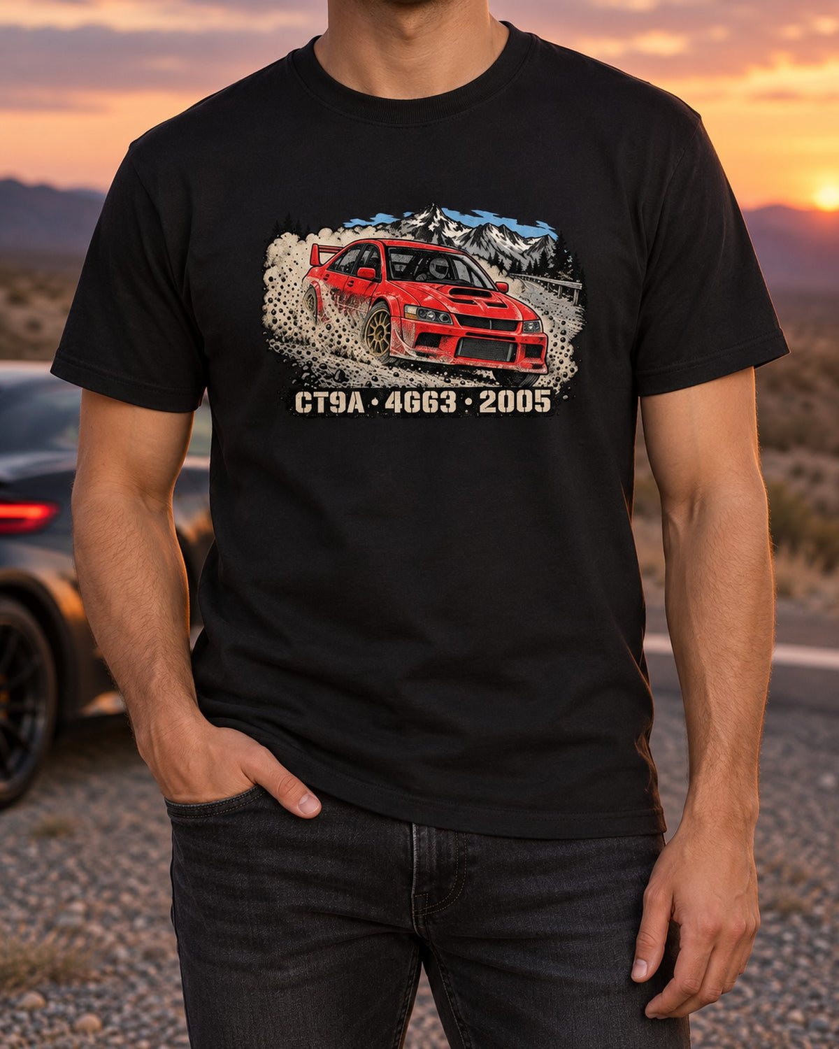 Mitsubishi Lancer Evolution IX CT9A Gravel Distressed Print Shirt T-Shirt Black worn hero