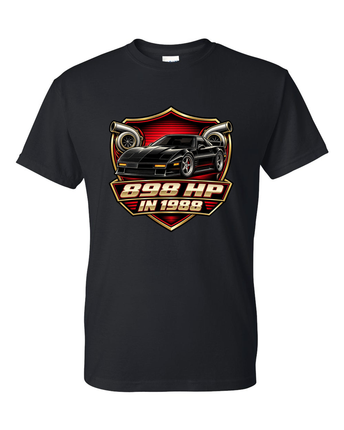 Badge crest design of a 2024 C8 hybrid AWD Corvette with 898 hp lettering black t-shirt front view with the design