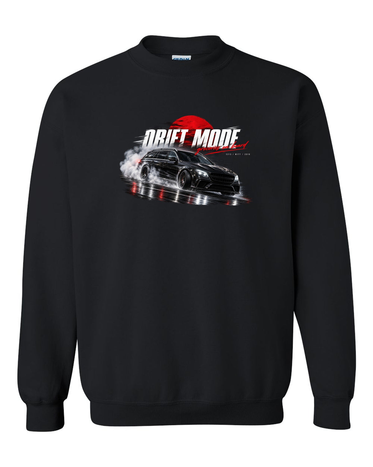 print night drift scene of a 2018 Mercedes E63 S AMG Estate S213 with text Drift Mode groceries on board black crewneck front view with the design