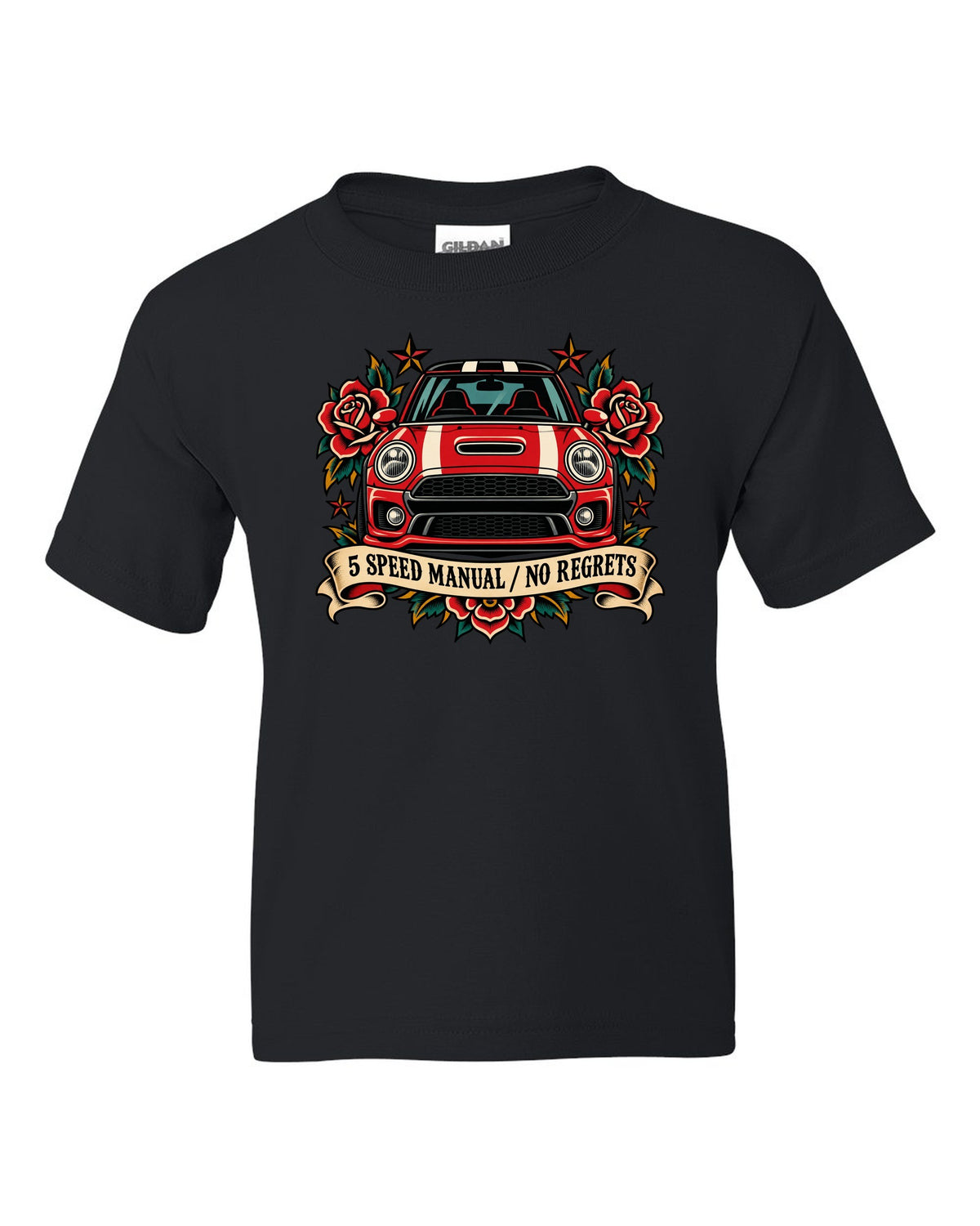 Tattoo flash style Fiat 500 Abarth with 5 speed manual no regrets lettering black kids tee front view with the design