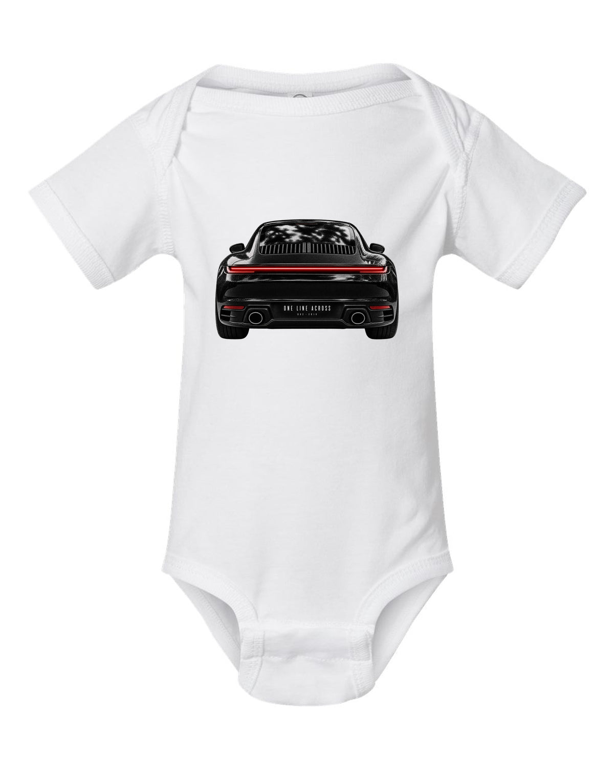 Taillight macro print of a 2019 Porsche 911 Carrera 992 rear light white baby onesie front view with the design