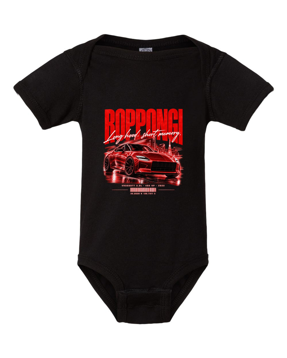 Street poster print of a Nissan Z RZ34 with Roppongi coordinates and VR30DDTT text black baby onesie front view with the design