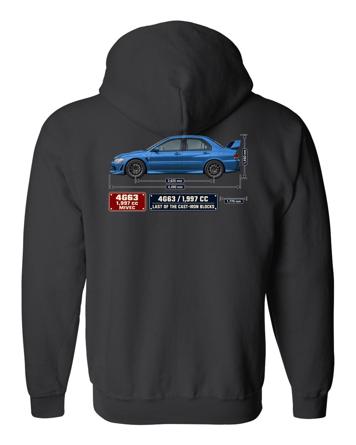 Lancer Evolution IX MR Blueprint black zip hoodie back view with the design