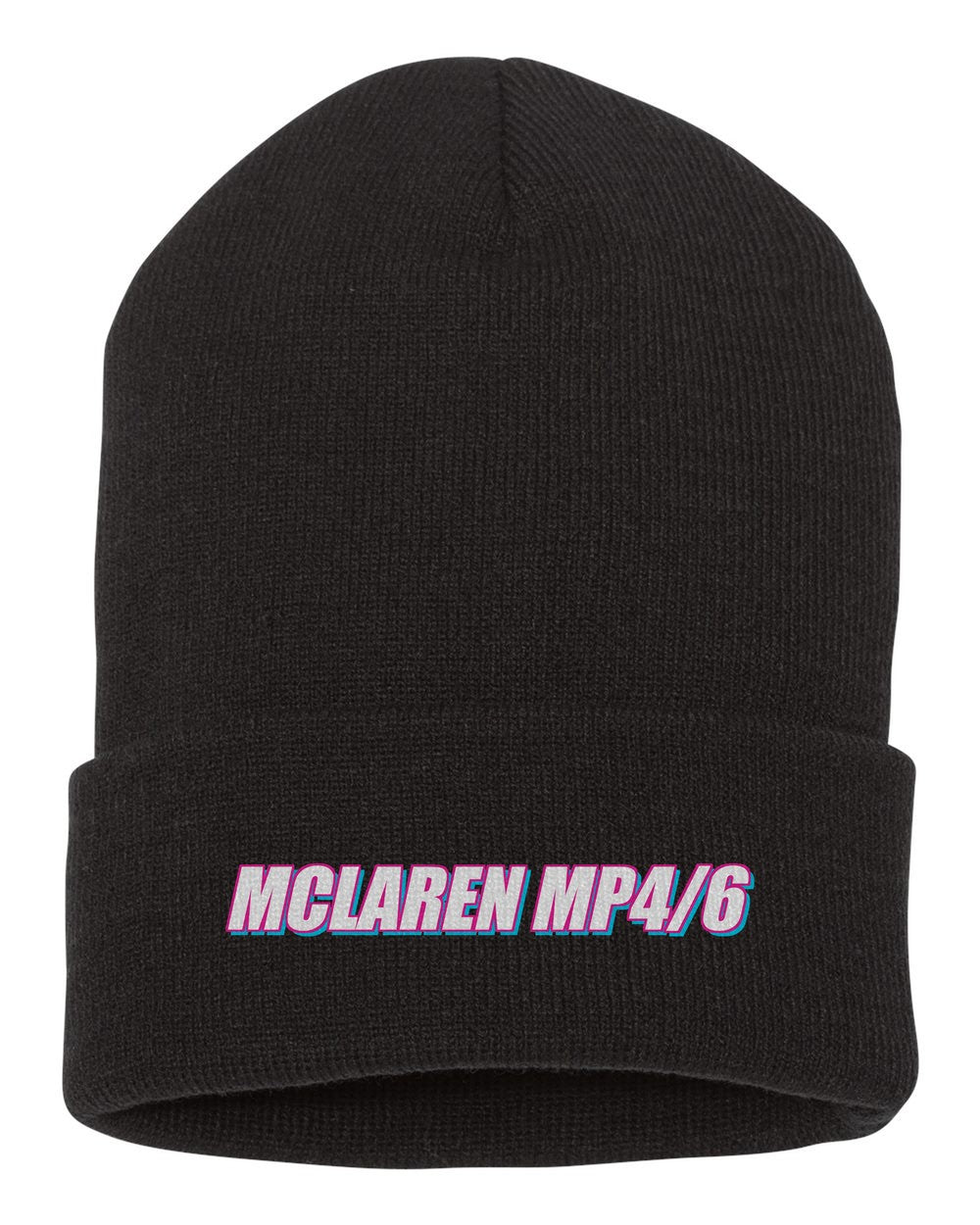 Mclaren Mp4/6 black beanie front view with car name