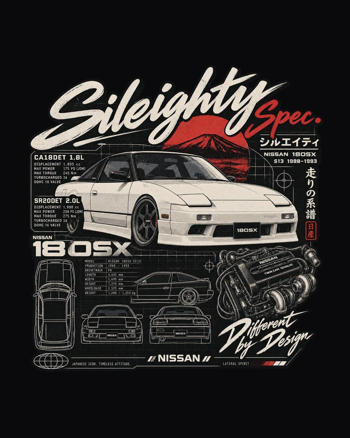 Nissan 180SX Sileighty CA18DET SR20DET Spec Plate Shirt design only
