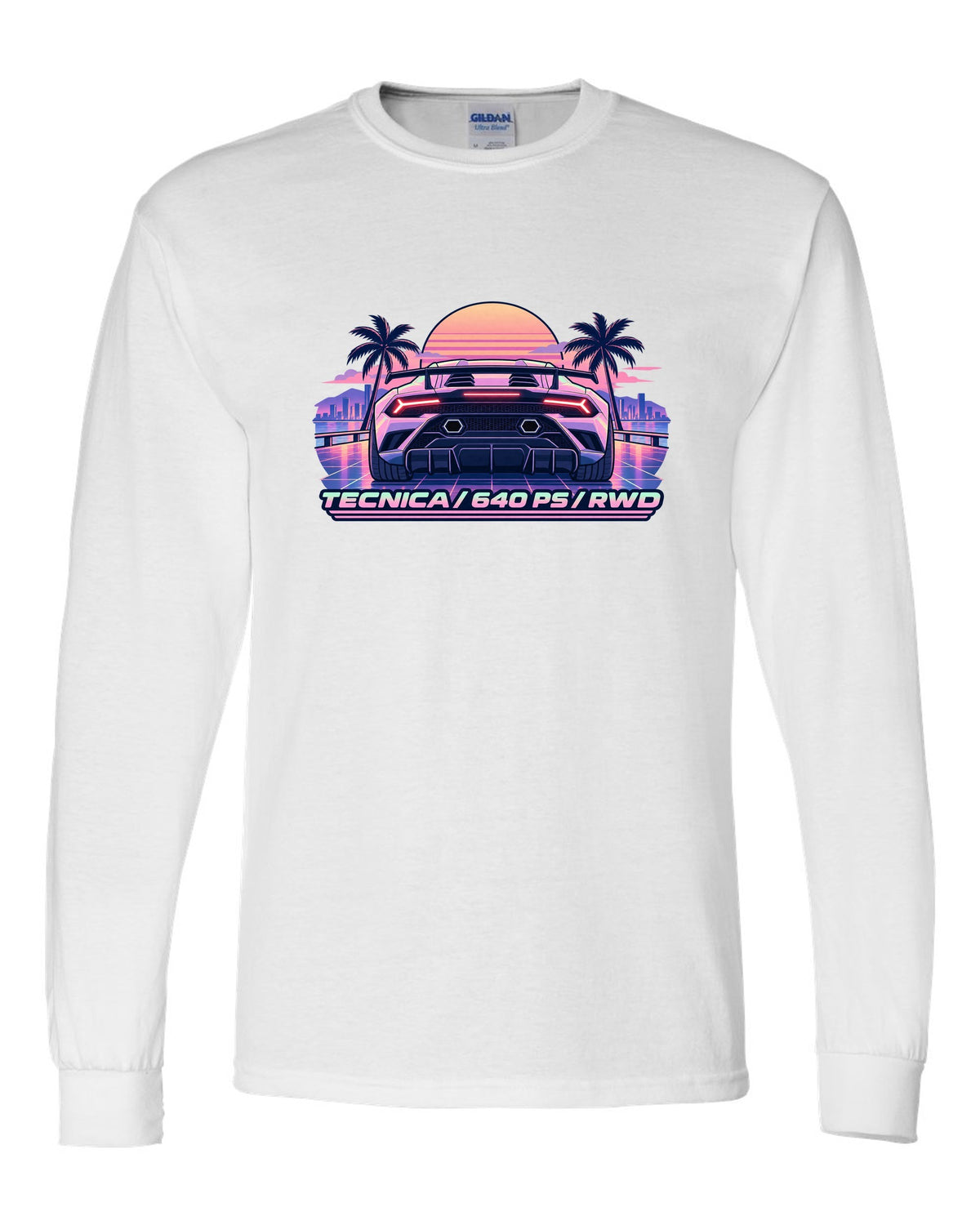 Vaporwave pastel taillight grid of a Lamborghini Huracan Tecnica LP640-2 with text TECNICA / 640 PS / RWD white long sleeve front view with the design