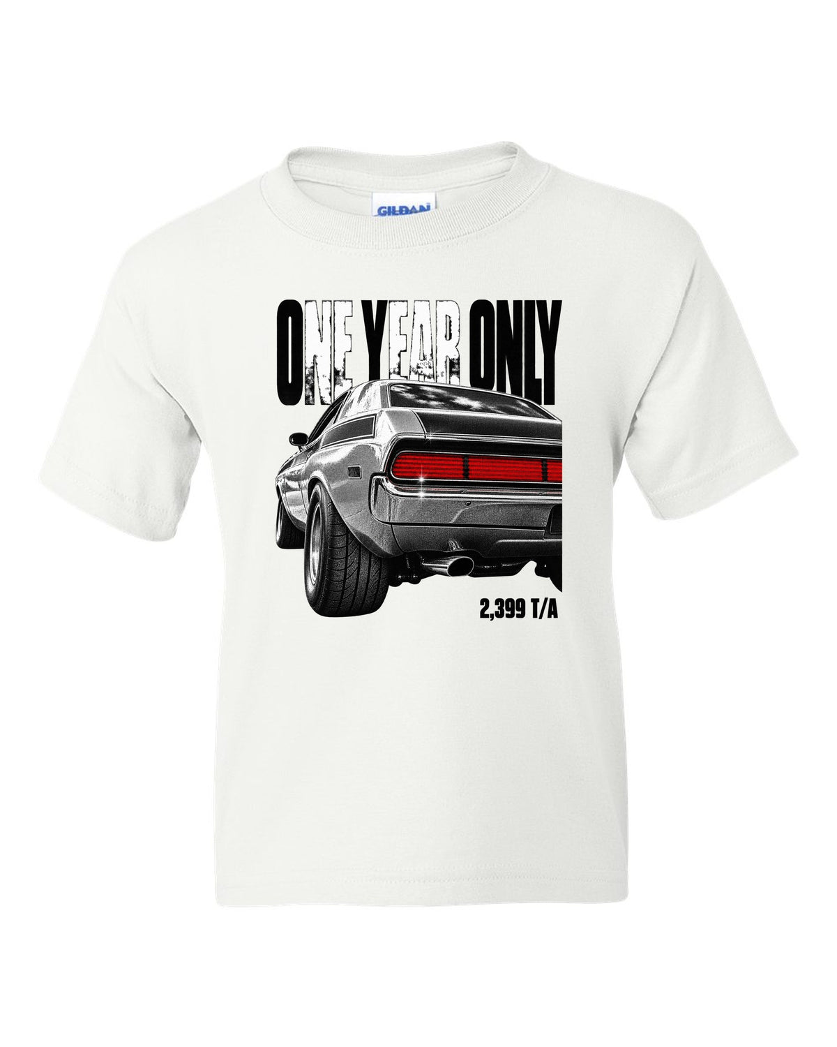 Taillight macro print of a 1970 Dodge Challenger T/A with one year only 2,399 T/A text white kids tee front view with the design