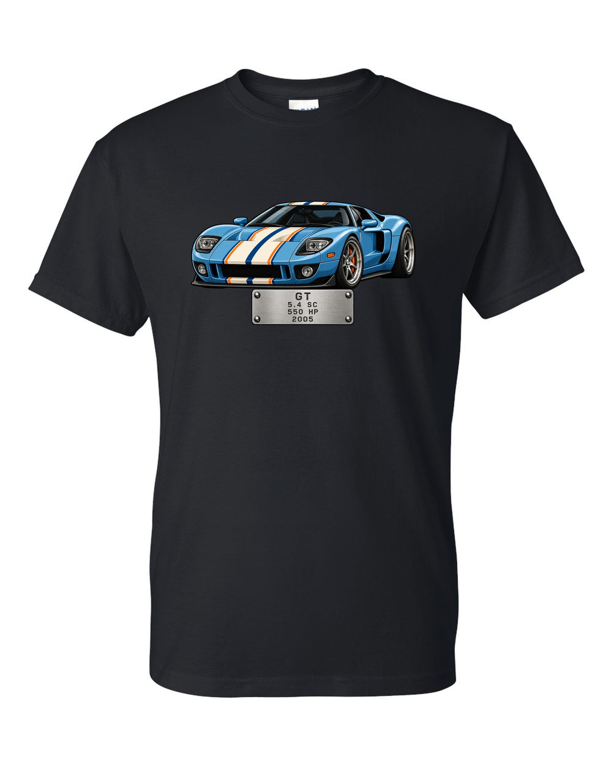 Spec-sheet data plate print for the 2005 Ford GT showing 5.4 SC, 550 HP black t-shirt front view with the design