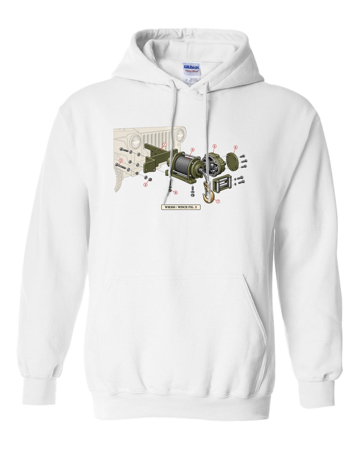 Exploded diagram print of a Dodge Power Wagon WM300 front winch labelled Fig. 3 white pull over hoodie front view with the design