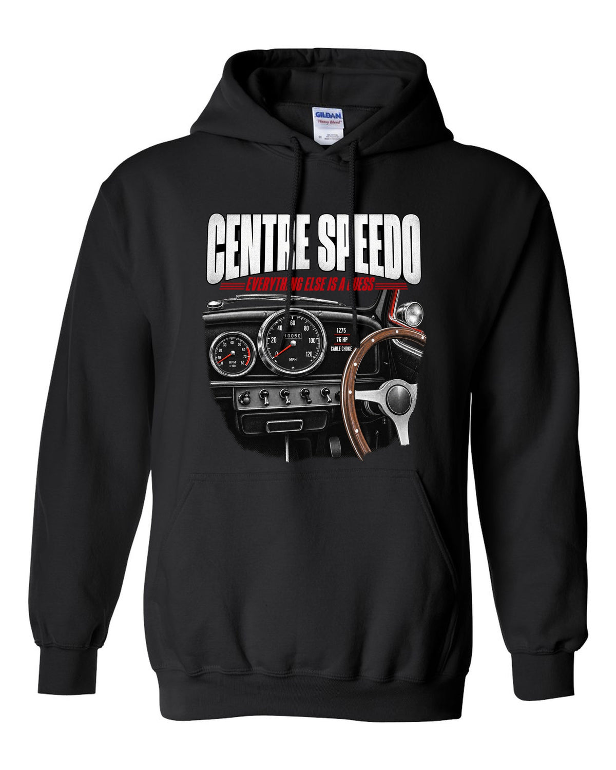 print of the 1967 Classic Mini Cooper S interior with centre speedometer and 1275 spec lettering black pull over hoodie front view with the design
