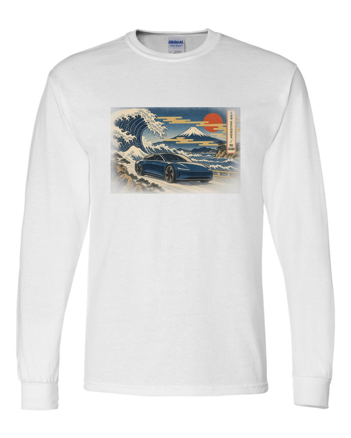 Ukiyo-e woodblock print of a 2021 Tesla Model S Plaid with the words 1.99 Seconds No Gears white long sleeve front view with the design