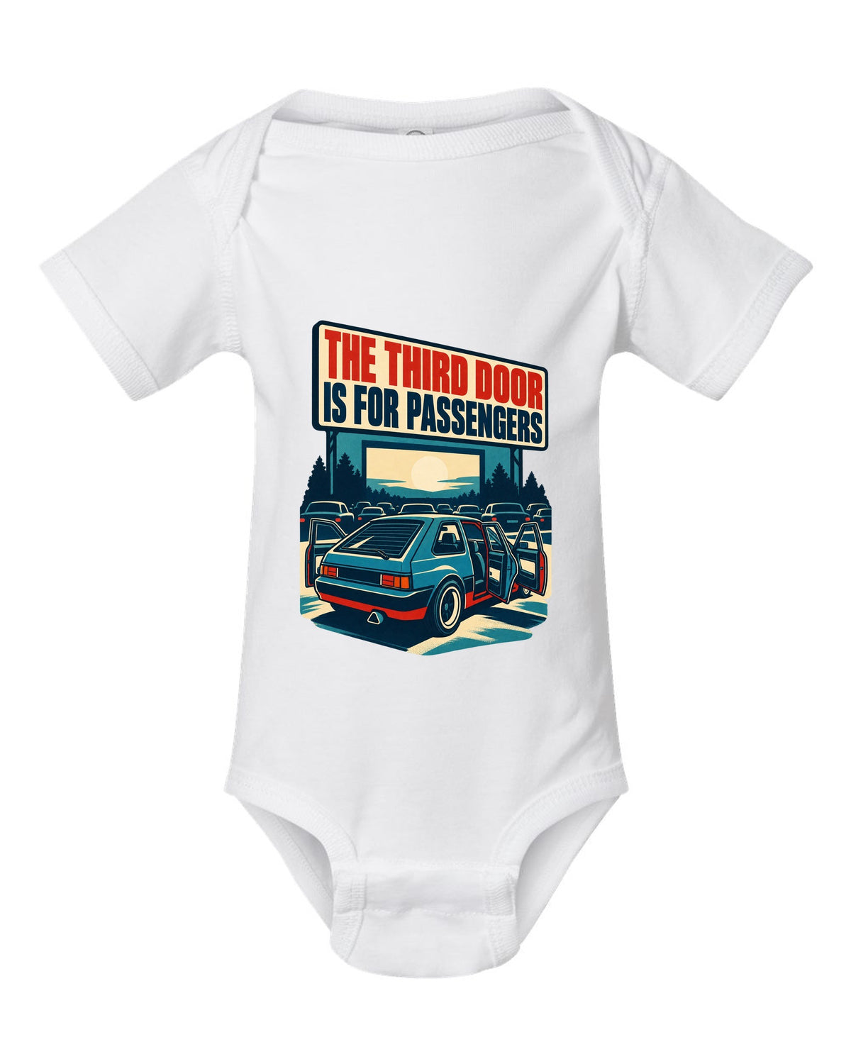 1960s litho race poster print of a Hyundai Veloster N JS with third door text white baby onesie front view with the design