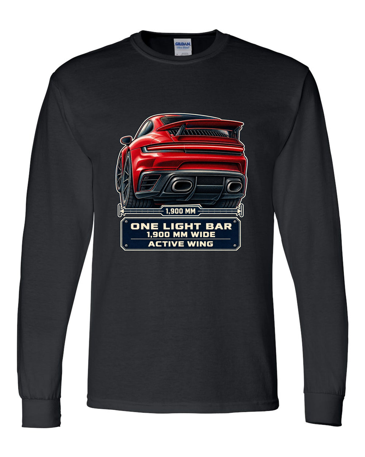 Taillight macro print of a Porsche 992 Turbo S with light bar and wing black long sleeve front view with the design