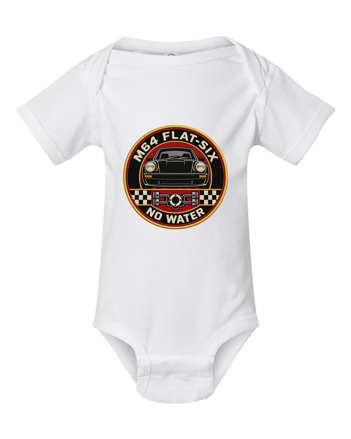 Round embroidery-style crest print for the Porsche 911 Turbo 964 with M64 flat-six no water lettering white baby onesie front view with the design