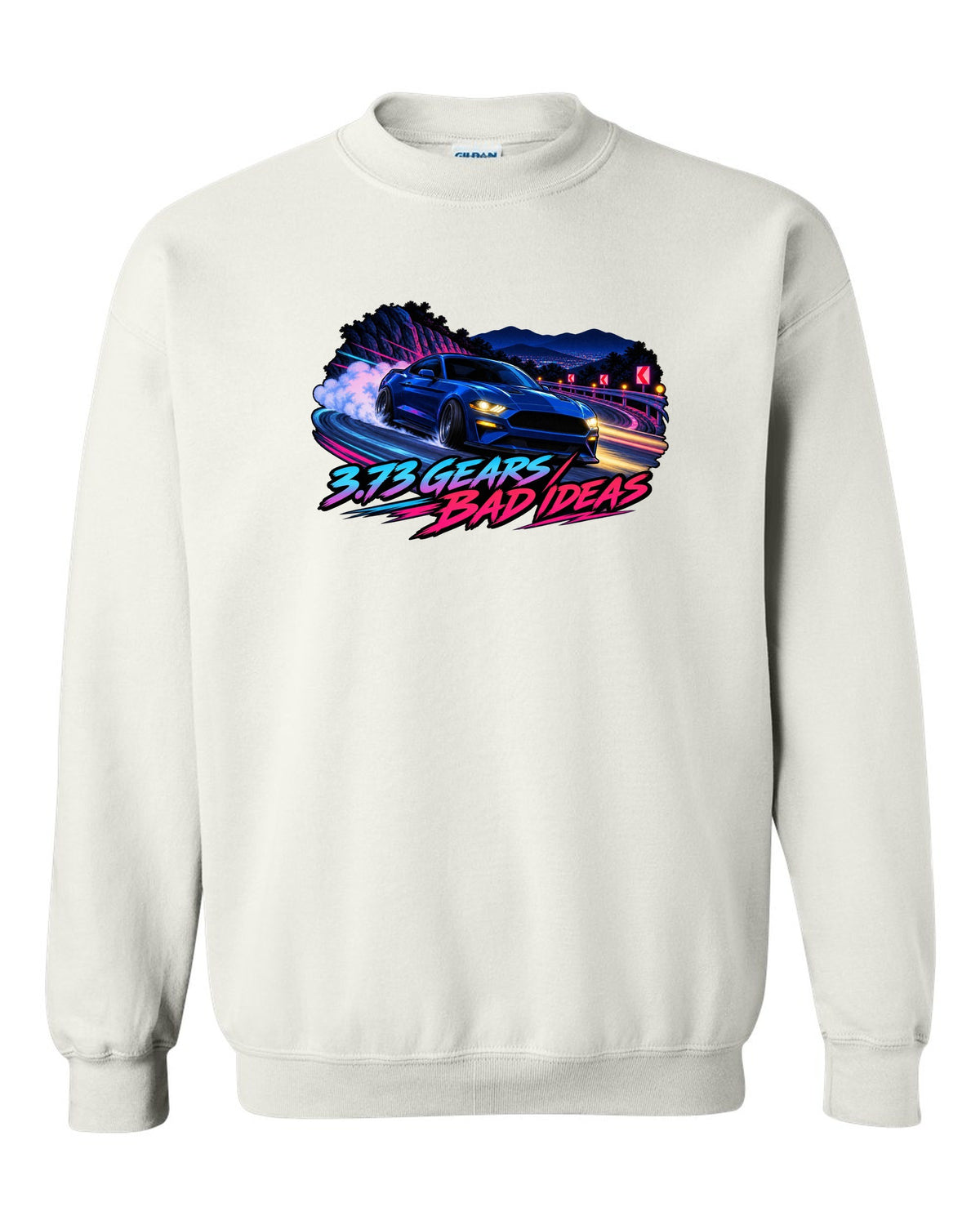 Cel-shaded anime night touge print of a 2015-2023 S550 Mustang fastback with 3.73 Gears text white crewneck front view with the design