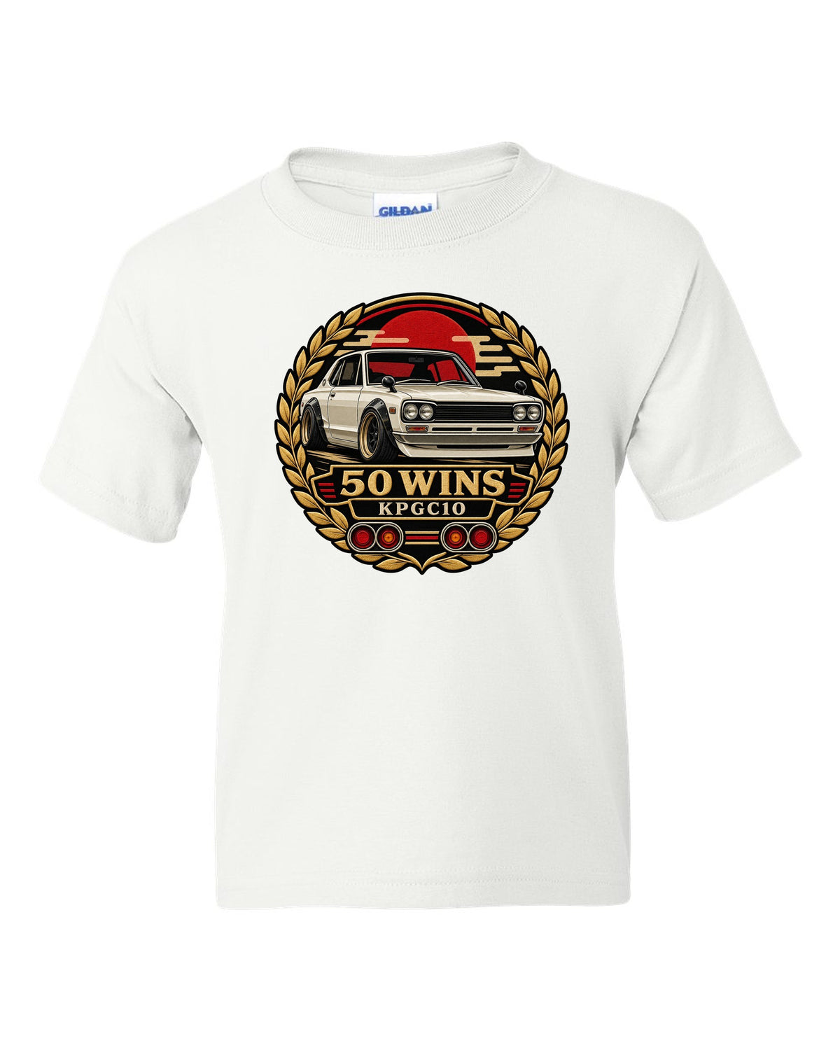 Round crest print for the Skyline Hakosuka KPGC10 with 50 Wins lettering white kids tee front view with the design