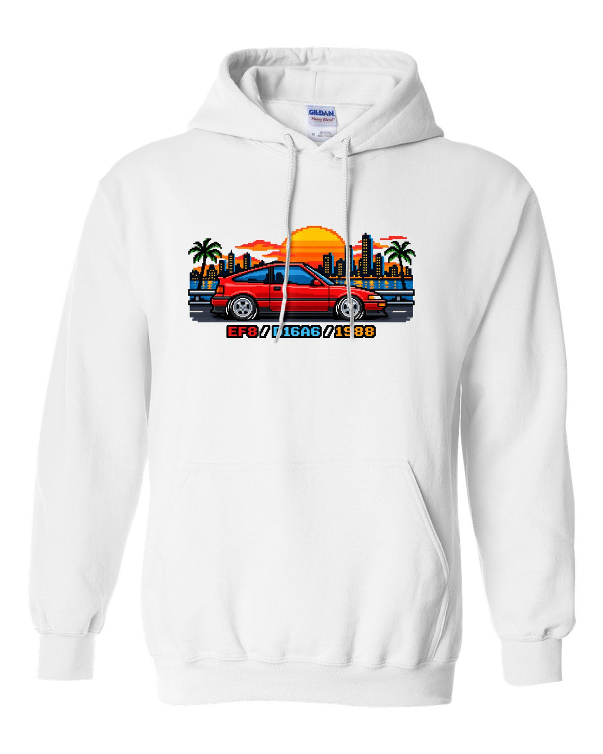 16-bit pixel art Honda CRX EF8 print with D16A6 and 1988 text white pull over hoodie front view with the design
