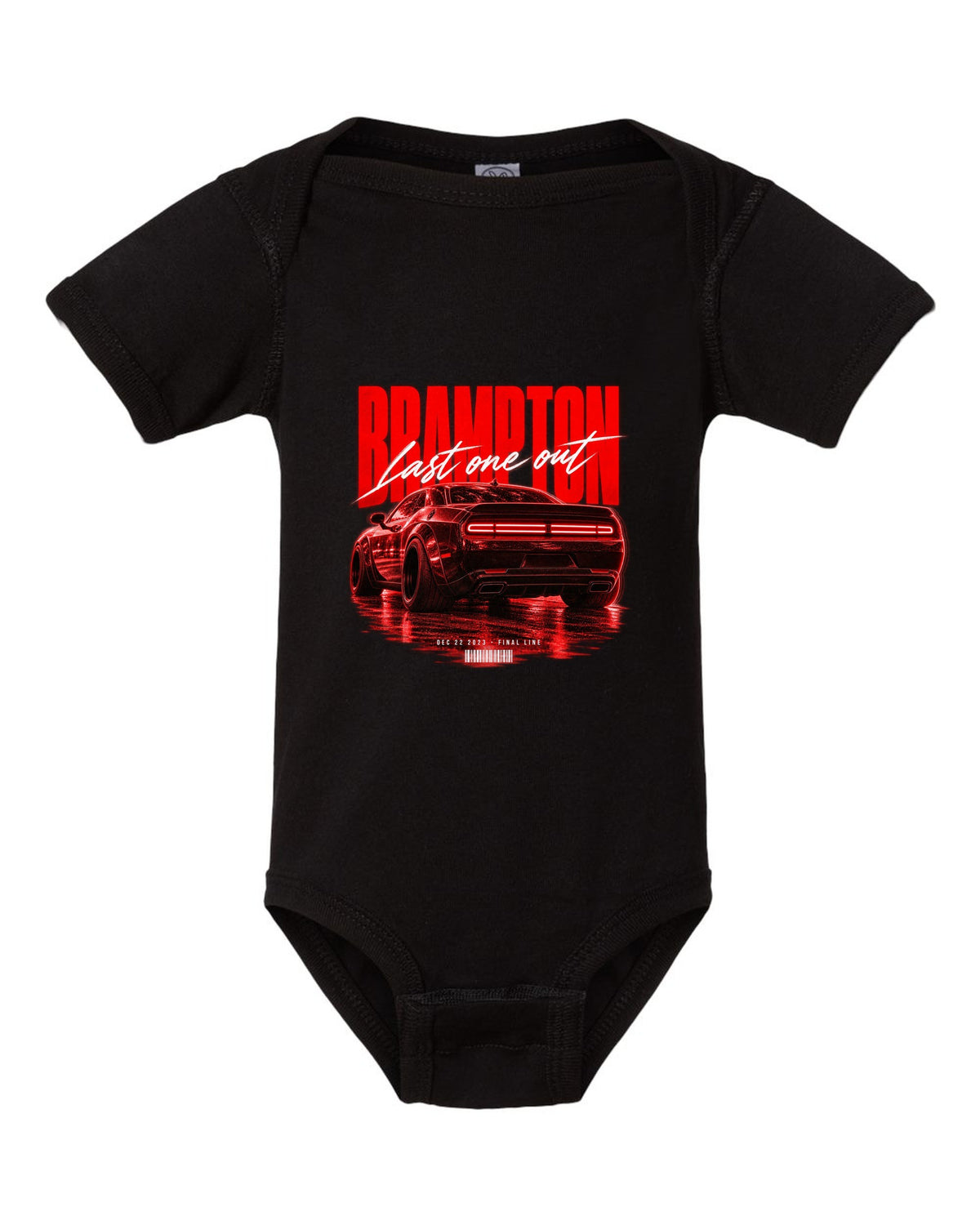 Street poster print of a 2023 Dodge Challenger Widebody with Brampton last one out Dec 22 2023 text black baby onesie front view with the design
