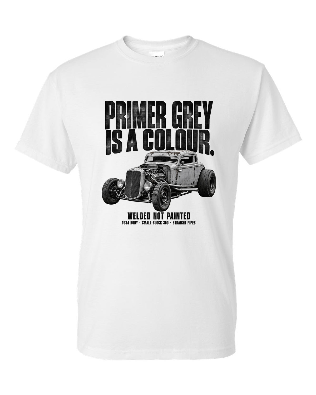 Halftone print of a primer grey 1934-style rat rod coupe white t-shirt front view with the design