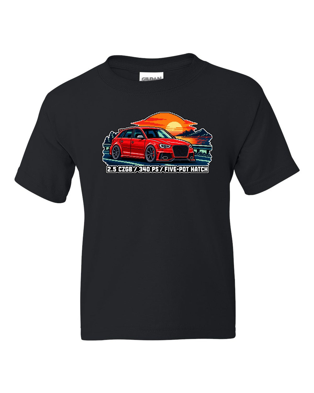 16-bit pixel art print of an Audi RS3 Sportback 8P with 2.5 CZGB text black kids tee front view with the design