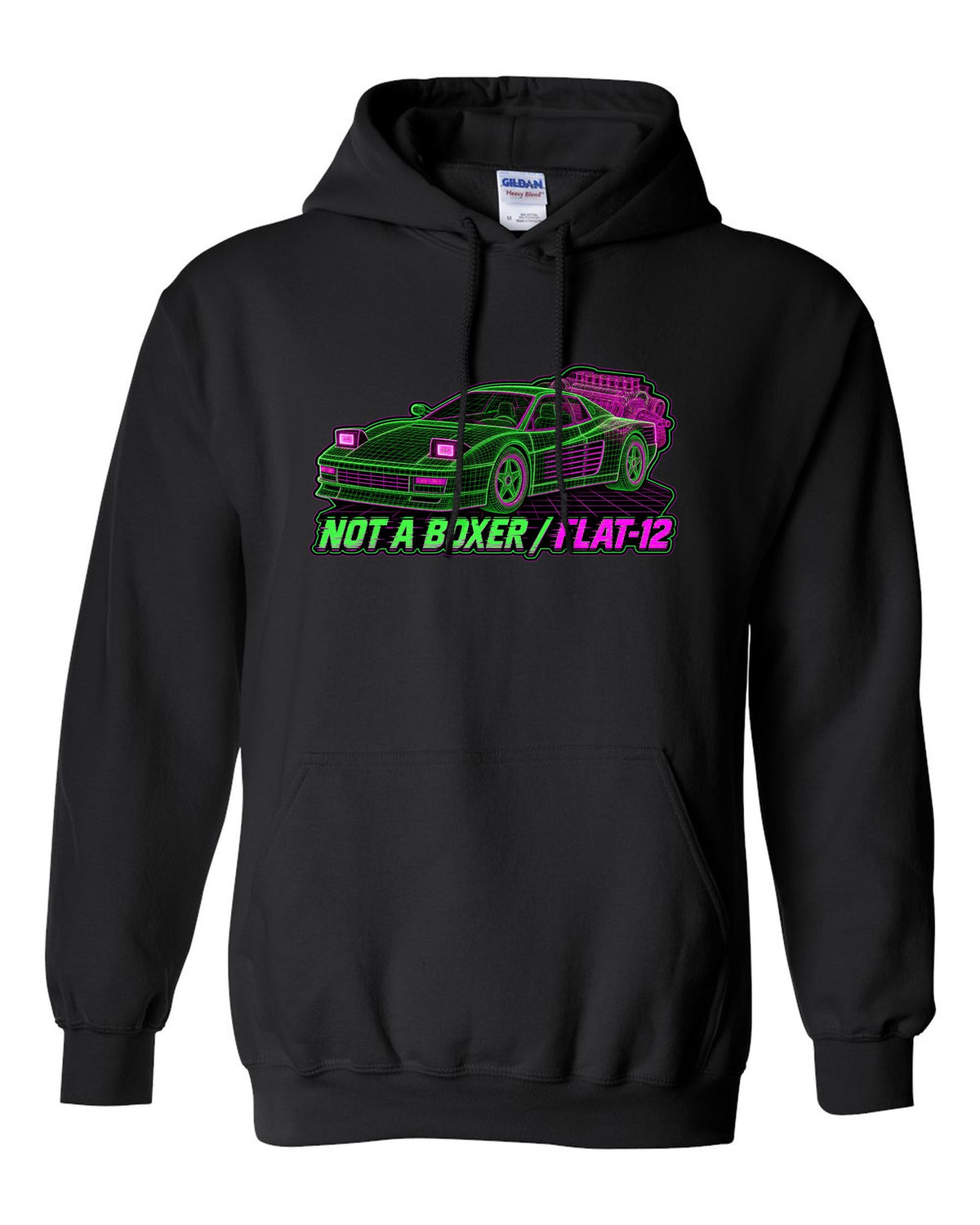 Wireframe mesh print of the Ferrari Testarossa F110 with the text not a boxer, flat-12 black pull over hoodie front view with the design