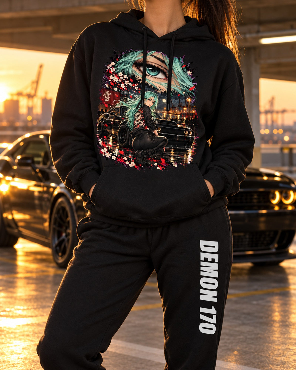 Dodge Demon 170 Anime Girl Hoodie + Jogger Set Black worn hero