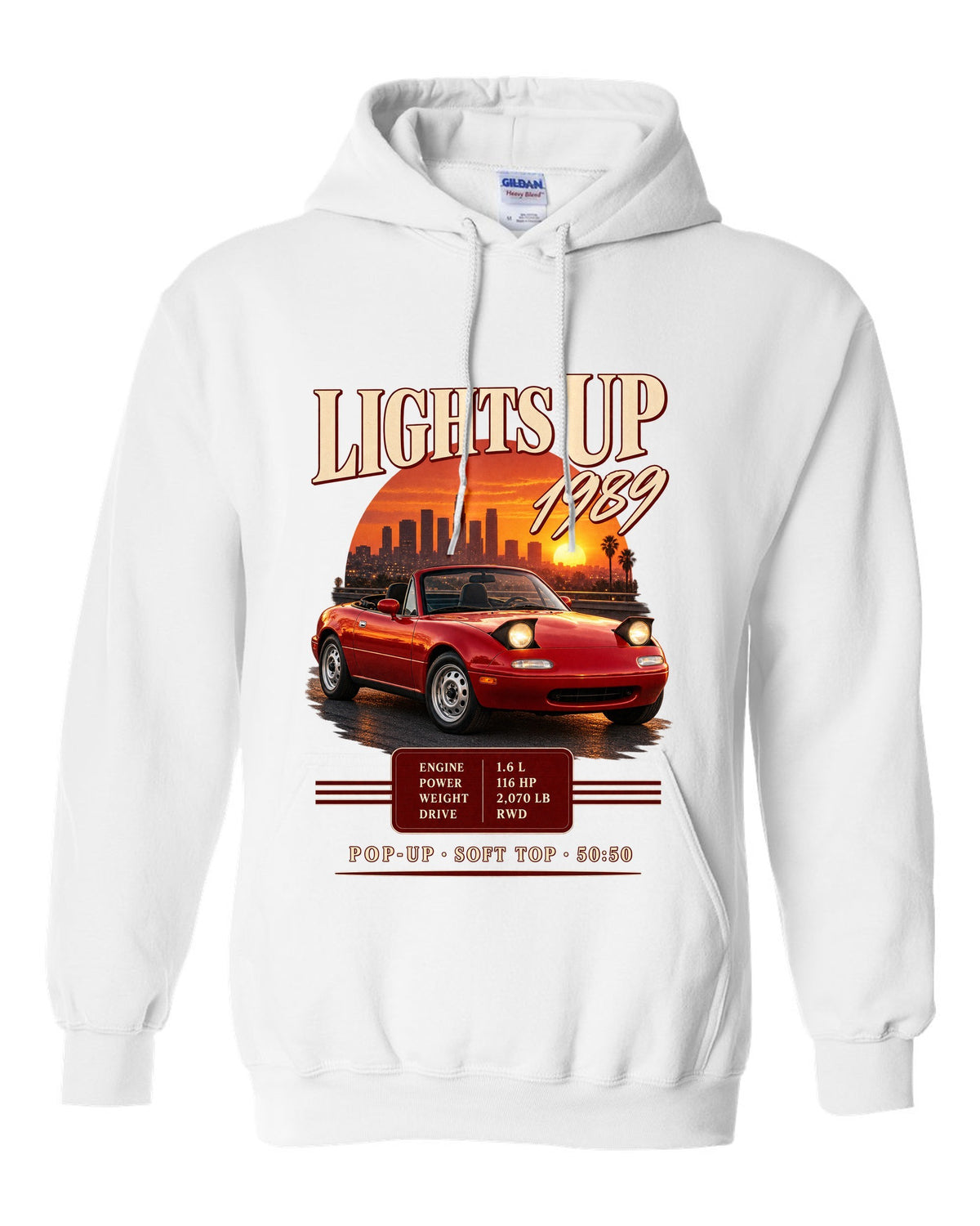 Archive panel print for the 1989 Mazda MX-5 NA with 116 HP, 2,070 lb and pop-up headlight specs white pull over hoodie front view with the design