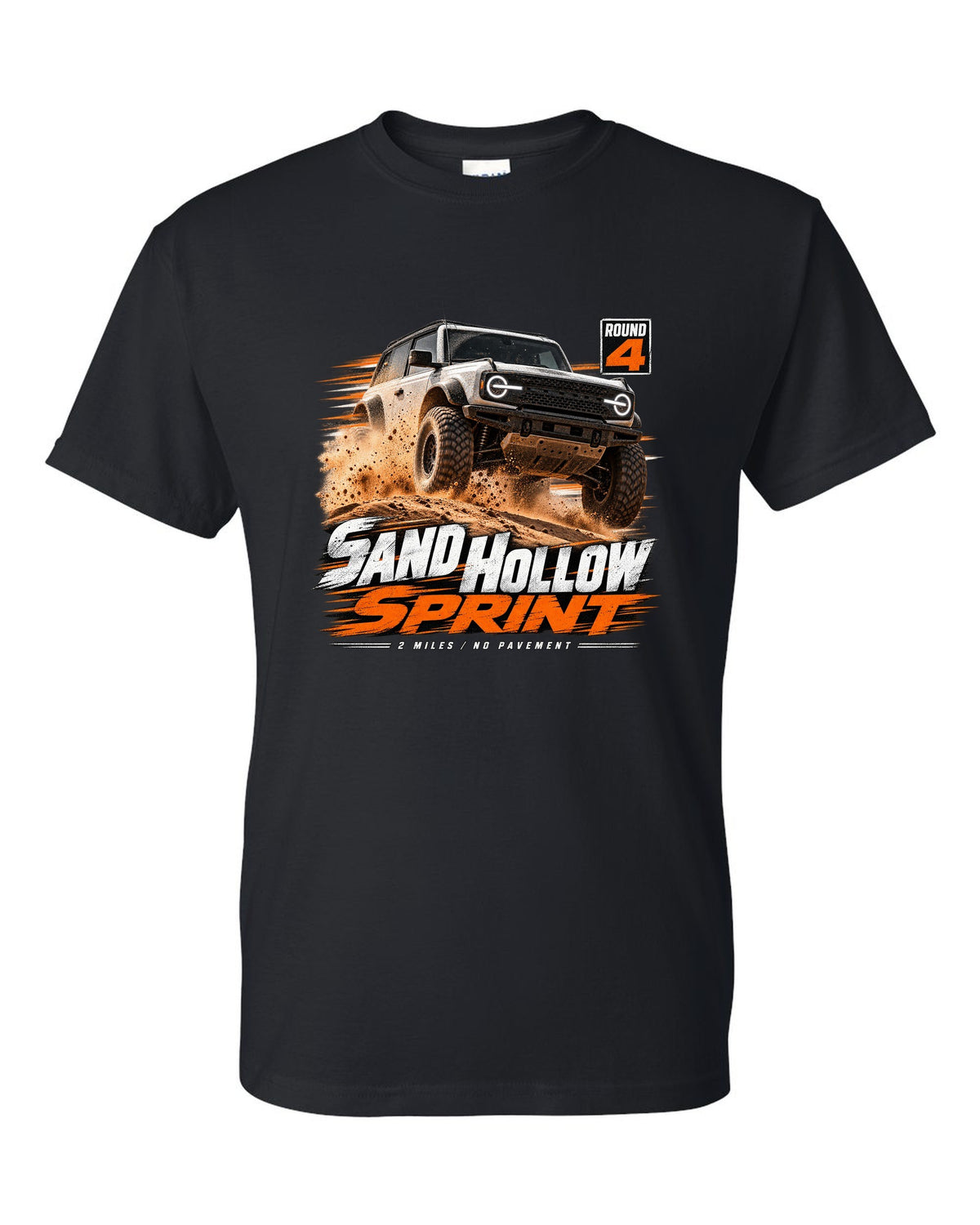 Jeep Wrangler JL dune sprint race poster print with Sand Hollow text black t-shirt front view with the design
