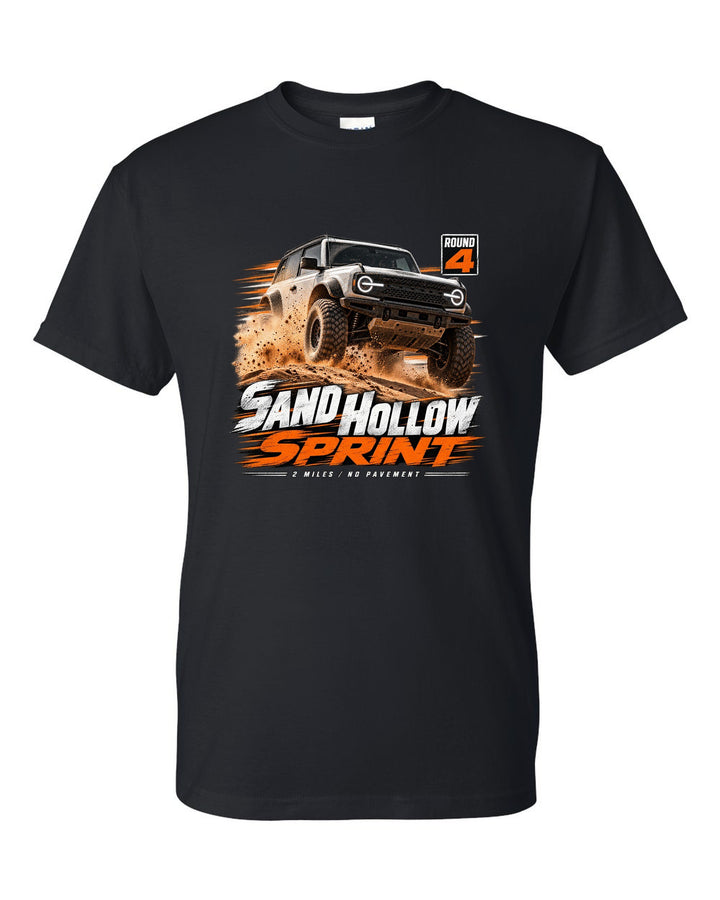 Jeep Wrangler JL dune sprint race poster print with Sand Hollow text black t-shirt front view with the design